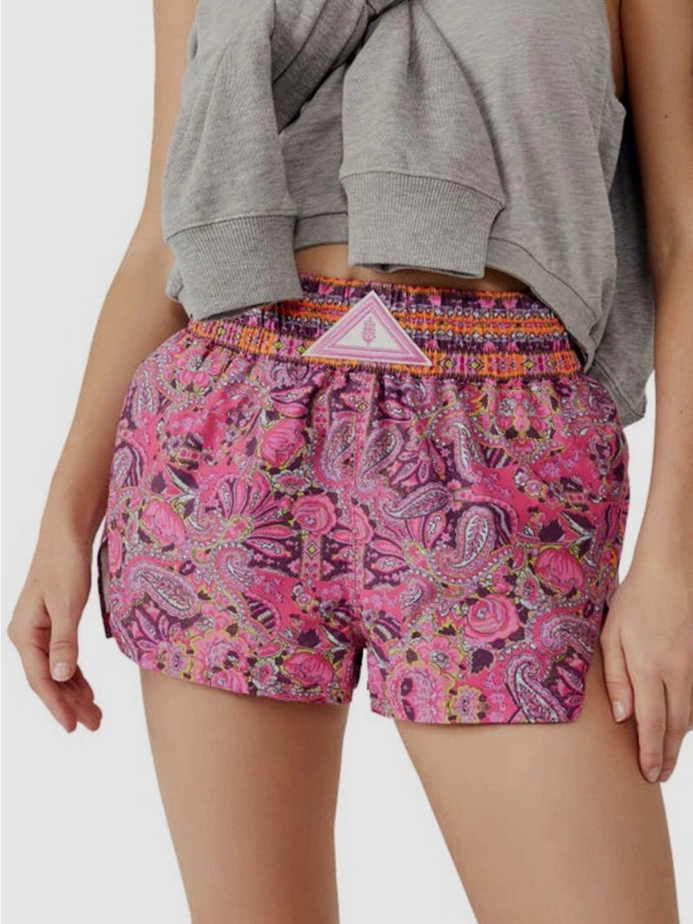 Free People Pink Paisley Elastic-Waist Athletic Shorts